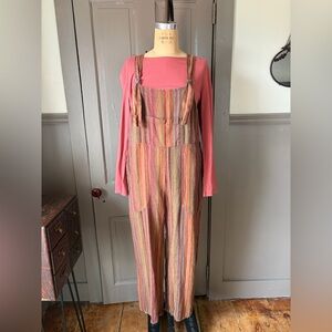 Flax Linen Brown Berry Green Pink Striped Linen Overalls & Cotton Top Size Small